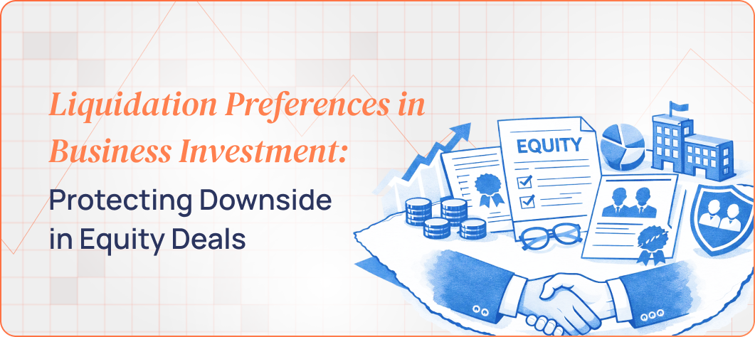 Infographic showing a startup investment waterfall and liquidation preference payout priority for Series A and B investors.