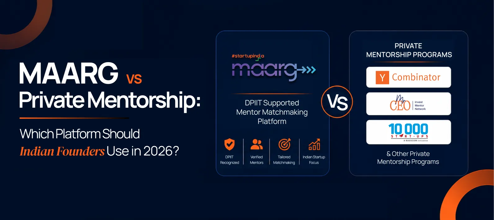 Comparison banner showing Startup India MAARG portal vs private mentorship programs like Y Combinator and Mr CEO